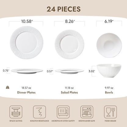 KINGSTONE 24-Piece Bone China Dinnerware Set with 40-Piece flatware, White Lightweight Porcelain Service for 8, for Family Dining, Restaurants, Gifting，Microwave and Dishwasher Safe