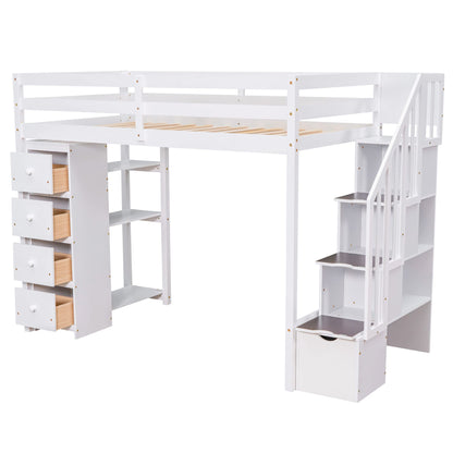 Merax Twin-Size Loft Bed with Storage Drawers and Stairs, Wooden Loft Bed with Shelves for Teens, White