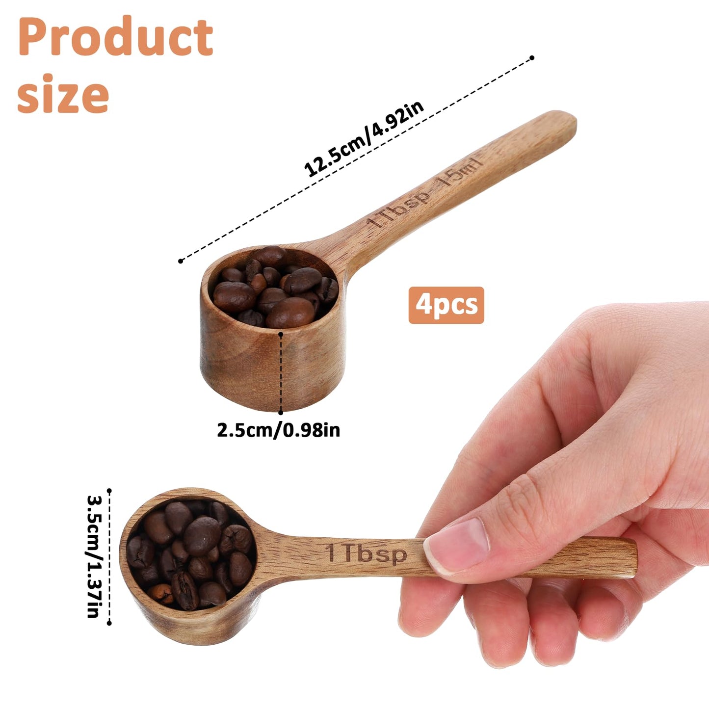 4 Pack Coffee Acacia Wooden Scoop Wooden Measuring Scoops for Canisters Jars 15ml 1 Tablespoon Small Coffee Scoop Acacia Woodens Measuring Spoons Home Kitchen Accessories for Beans Sugar Tea Bath Salt