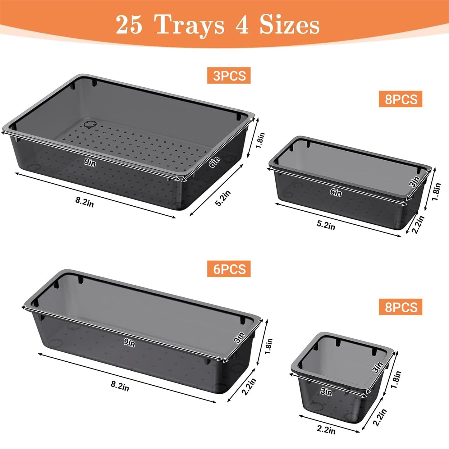 SpaceHacks 25 PCS Plastic Drawer Organizer Set, 4-Size Versatile Organizer Tool Trays & storage Bins for Makeup, Jewelry, and Gadgets in Bathroom, Bedroom and Office,Clear Black