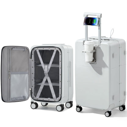 Hanke 28 Inch Checked Luggage with Cup Holder and USB Ports, Top Opening Hard Shell Suitcase with Wheels, Aluminum Frame Large Trunk Luggage with Foldable Divider & TSA Lock for Travel, Smoke White