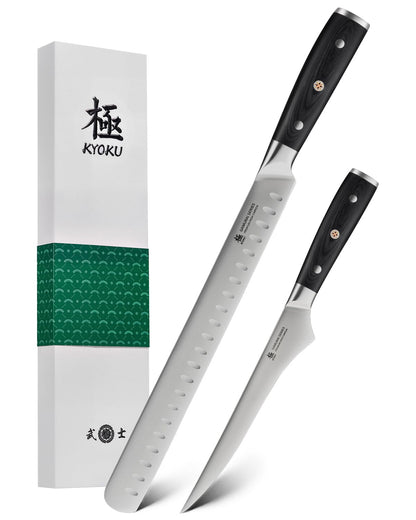 KYOKU 2pc Kitchen Knife Set, Samurai Series 6.5" Boning Knife & 12" Slicing Knife Set, High Carbon Steel Japanese Style Knives with Pakkawood Handle Sheath for Meat Fruit Vegetable Dicing Carving