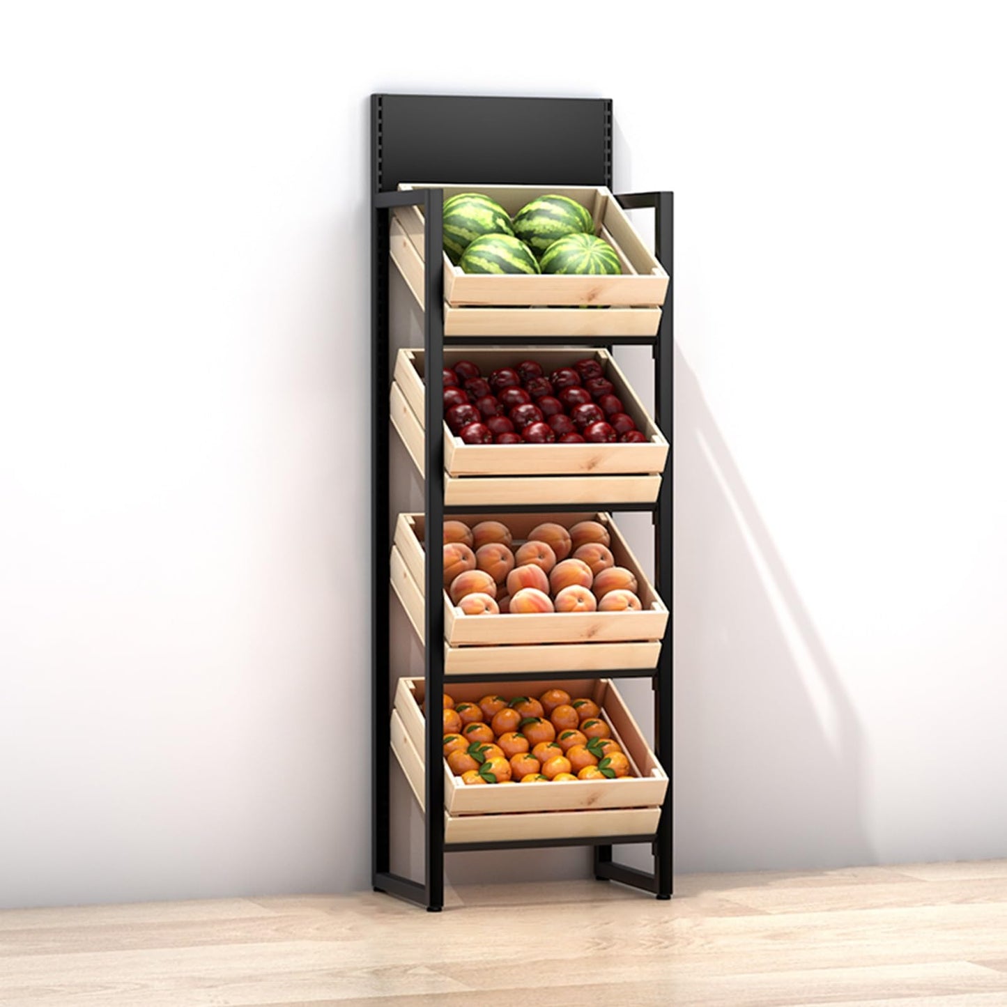 ZJKXJH 4 Tier Wood Fruit and Vegetable Basket Stand Rack, Commercial Produce Potatoes and Onions Floor Storage, Detachable Supermarket Retail Display Holder/Wine Shelf(Black Rack+Wooden Basket)