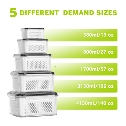 HOMETALL 5 Pack Fruit Storage Containers for Fridge, Plastic Fruit Containers for Fridge with Removable Colanders, Leakproof Fridge Organizers and Storage for Berry Vegetable Salad Lettuce Meat Food