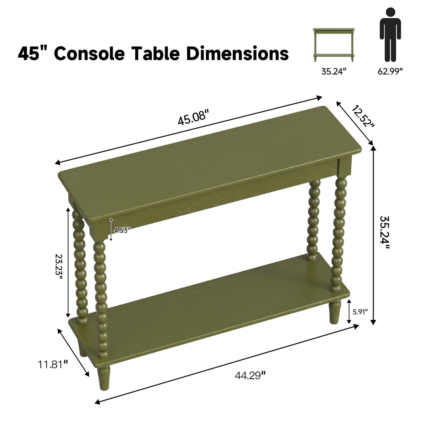 NKGIAG 45'' Vintage Console Table, 100% Solid Wood Tall Entryway Table with 2-Tier Storage for Entrance, Hallway, Foyer, Living Room, Narrow Couch Table Behind Sofa, Minimal Assembly, Green