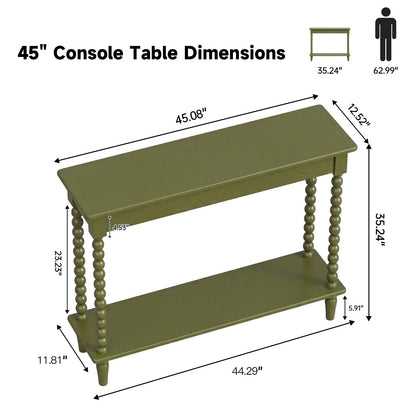 NKGIAG 45'' Vintage Console Table, 100% Solid Wood Tall Entryway Table with 2-Tier Storage for Entrance, Hallway, Foyer, Living Room, Narrow Couch Table Behind Sofa, Minimal Assembly, Green