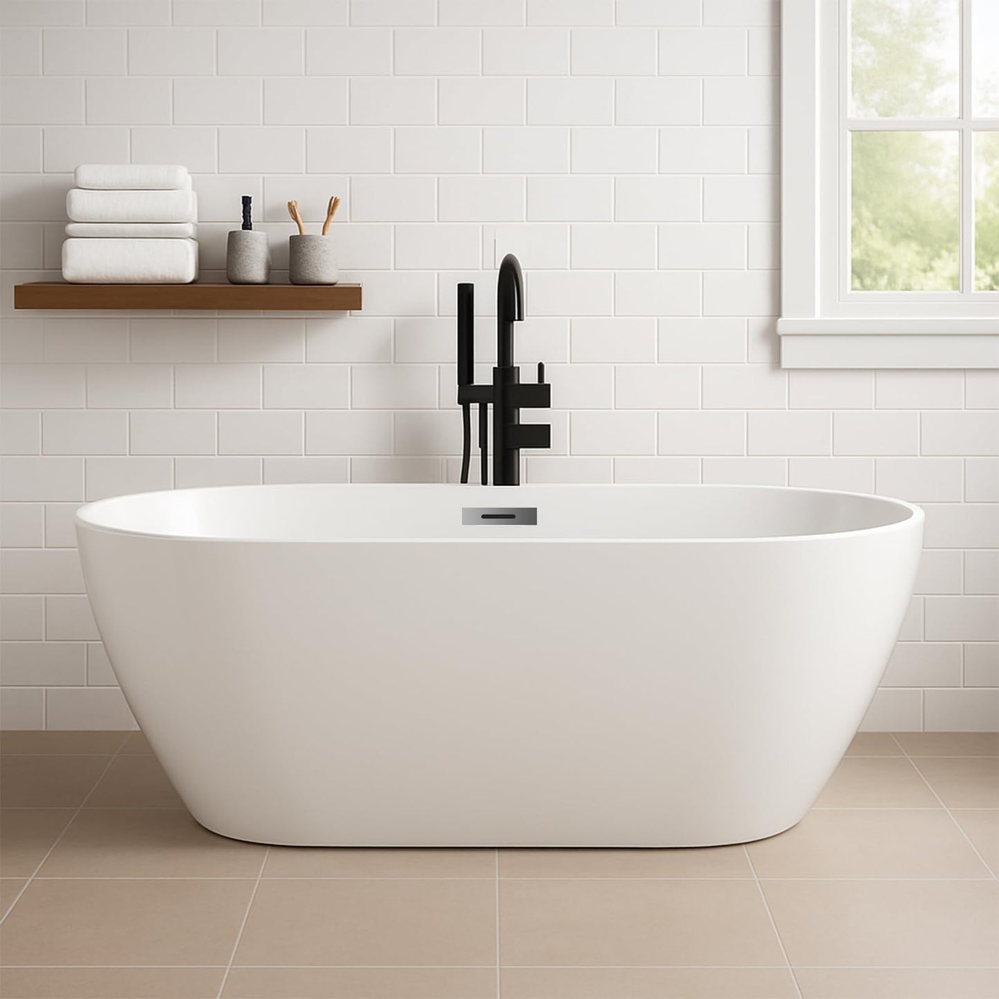 59'' Acrylic Free Standing Soaking Tub, Double-Walled Insulated Freestanding Bathtub with Ergonomic Deep Design, Glossy White, Matte Drain, Black Overflow, cUPC Certified Stand Alone Tub