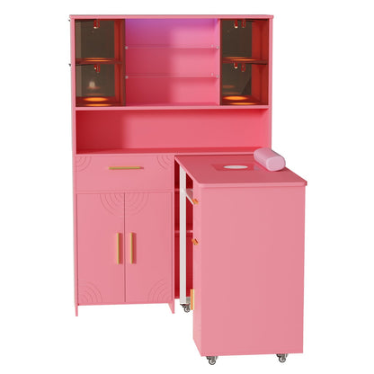 Mobile Manicure Table with Dust Collector, Double Tabletop Nail Desk for Technician, Nail Station w/Display Shelves, 3 Adjustable Layers, Drawers, Cabinets, Sliding Door & LED Light Strip, Pink