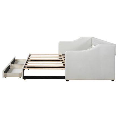 Twin XL to King Size Upholstered Daybed with Linen Fabric, 2 Storage Drawers, Extendable Platform Bed with Foam-Padded Back and Armrests, Sturdy Pine and MDF Frame, Sofa Bed for Users, Beige