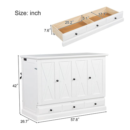 YOPTO Murphy Bed Cabinet Full Size with Charging Station and Large Storage Drawer,Pine Wood Folding Wall Bed Frame,Space Saving,Easy Assembly,Hidden Platform Bed for Home Office or Small Room,White