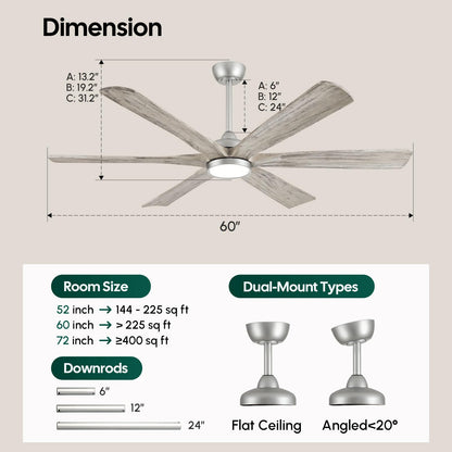 60 Inch Farmhouse Rustic Ceiling Fan with Light, Modern Smart Alexa/APP /Remote Control, Outdoor Fans for Patio Damp Rated, 6 Solid Wood Blades, High CFM Quiet DC Motor for Indoor Living Room Bedroom