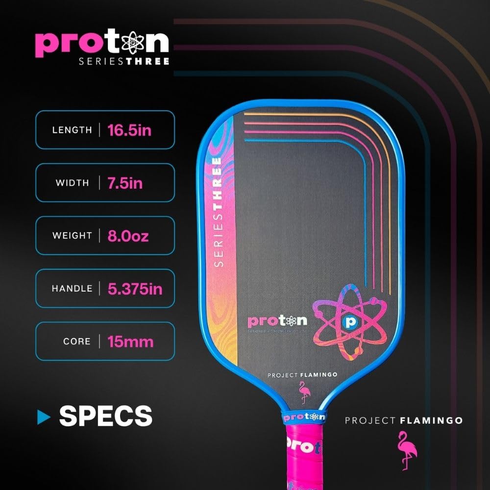 Proton Series Three Project Flamingo Pickleball Paddle - 15mm Velocity Core & Carbon Fiber Face (Pink, Elongated)
