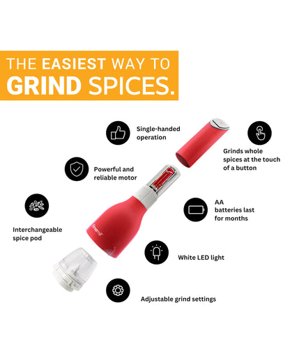 FinaMill Classic Battery Spice Mill – Battery Operated Salt and Pepper Grinder Set, Includes 2 Interchangeable Spice Pods, Adjustable Coarseness, Ceramic Grinder, LED Light, Home and Kitchen Gift Set