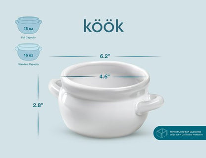 KooK French Onion Soup Crocks with Handles, Ceramic, Dishwasher, Microwave, Oven & Broil Safe, White Set of 4, 18 oz