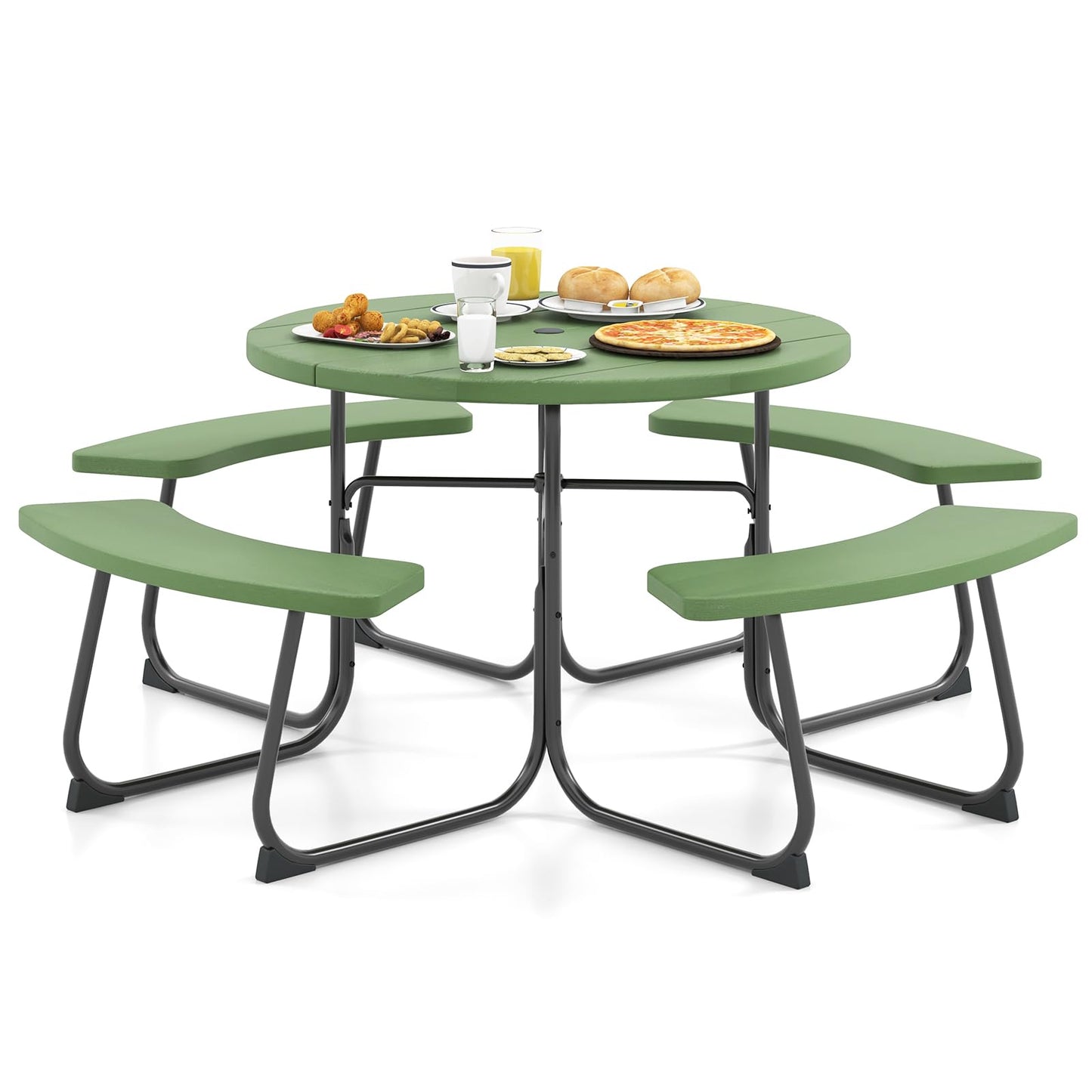 HAPPYGRILL 8-Person Picnic Table Bench Set with Umbrella Hole, 43” Outdoor Dining Table w/4 Benches, Wood-Like Texture Tabletop, Stable U-Shaped Base, Round Table for Backyards, Green