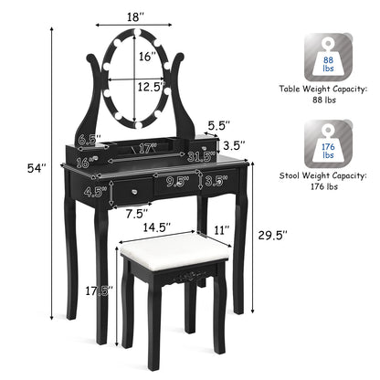 LDAILY Vanity Set with 10 Dimmable LED Bulbs, Vanity Desk with Rotating Lighted Mirror, Cushioned Stool & 5 Drawers, Modern Easy Assembly Bedroom Dressing Table for Girls Women (Black)