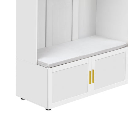 Amposei Modern Hall Tree with Shoe Storage Bench & Coat Rack, 79.72''H Tall Entryway Cabinet Organizer with 6 Doors, 4 Hooks & Padded Seat for Hallway Mudroom Living Room, White
