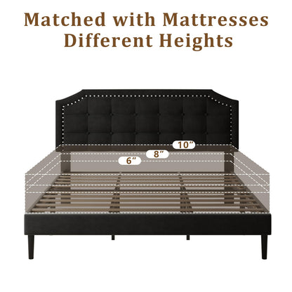 HAOARA King Size Bed Frame, King Size Platform Bed Frame with Upholstered Button Tufted Headboard, Strong Wood Slats, No Box Spring Needed, Mattress Foundation, Easy Assembly Black