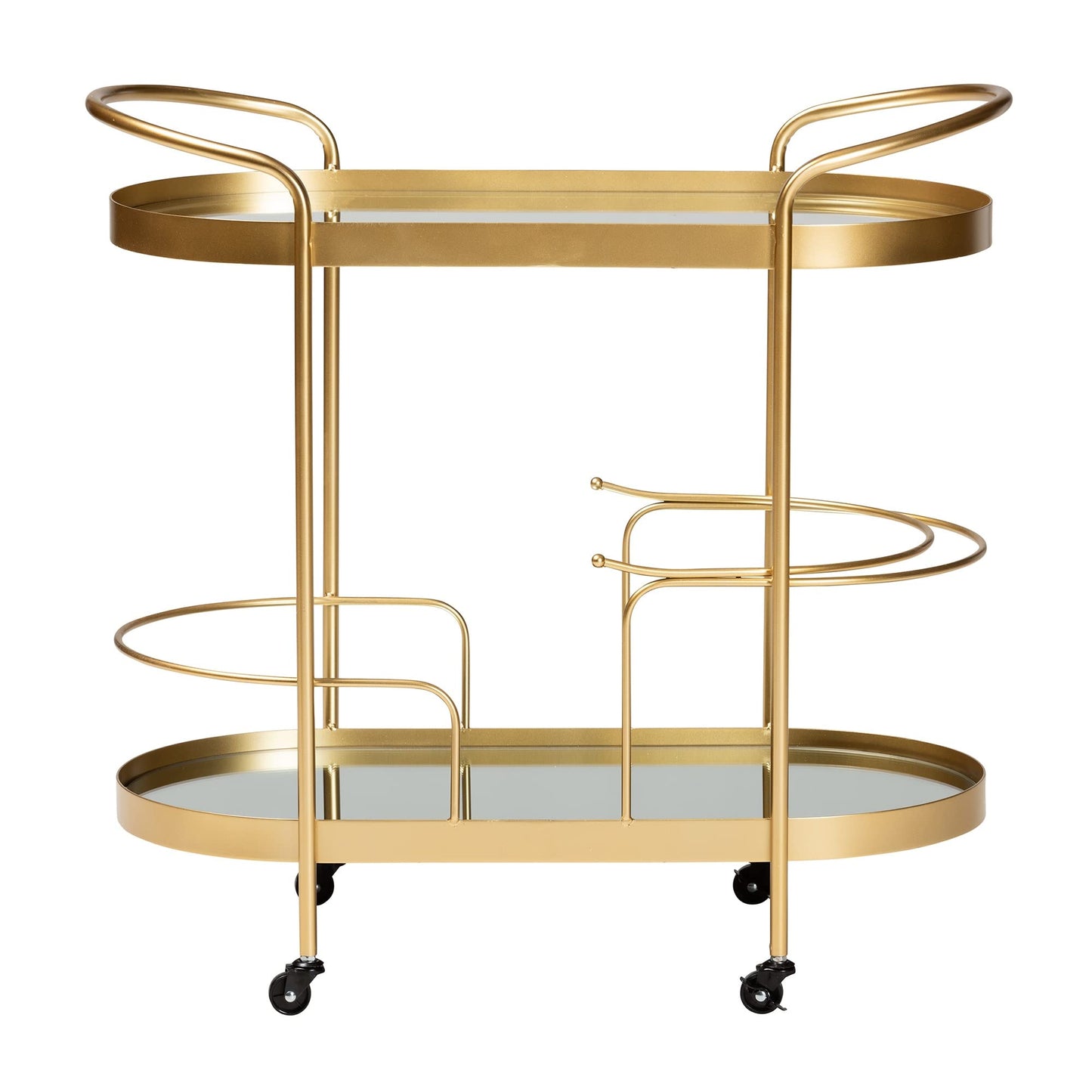 Baxton Studio Kamal Gold Finished Metal and Glass 2-Tier Mobile Wine Bar Cart
