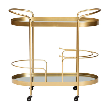 Baxton Studio Kamal Gold Finished Metal and Glass 2-Tier Mobile Wine Bar Cart