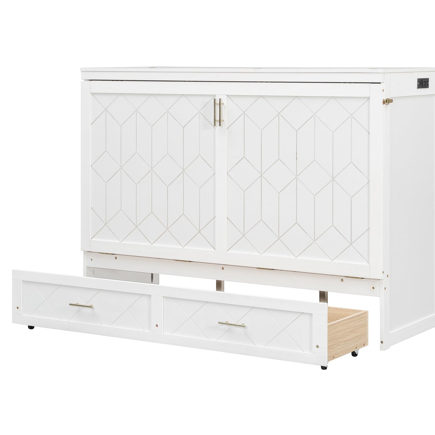 Merax Queen Size Murphy Cabinet Bed with Storage Drawers, Wall Murphy Bed with a Set of Sockets & USB Ports, Folding Platform Bed for Small Room