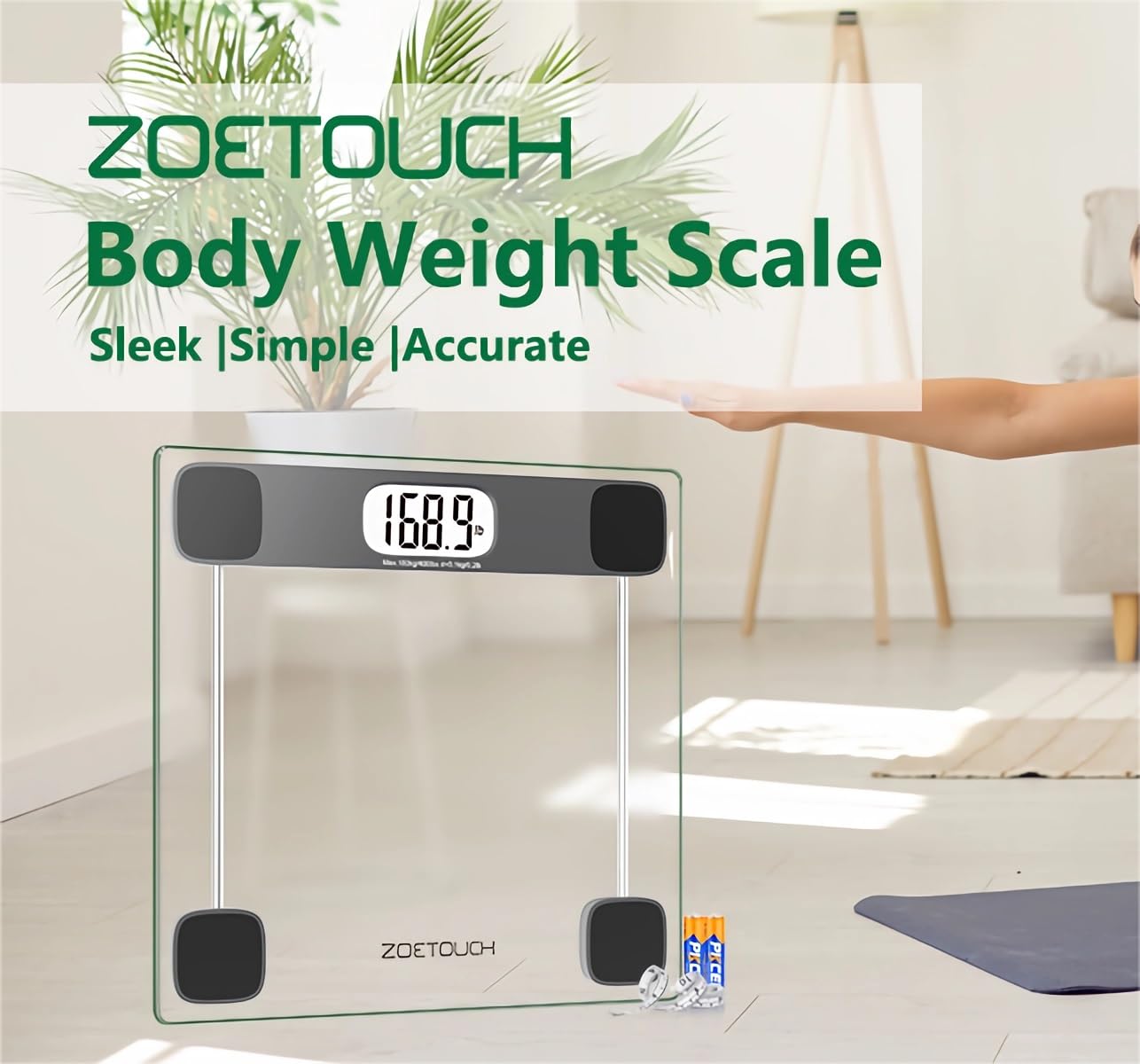 ZOETOUCH Scale for Body Weight Digital Bathroom Scale Accurate Weighing Machine for People, High Precision Bath Scale, Step On, Tempered Glass LCD Display Batteries and Tape Measure Included, 400lbs