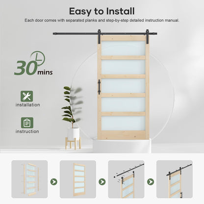 ROYMELO 42x84 inch Glass Sliding Barn Door Slab with 7ft Hardware Kit Included, 5-Panel Frosted Glass, Spruce Wood Support DIY Dyeing, Easy Assembly