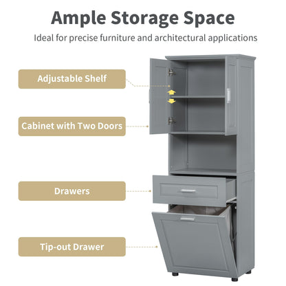 Storage Cabinet with Doors and Drawer, Multi-Functional Bathroom Storage Organizer with Laundry Hamper Basket and Open Shelf, Soft-Closing Door, Gray