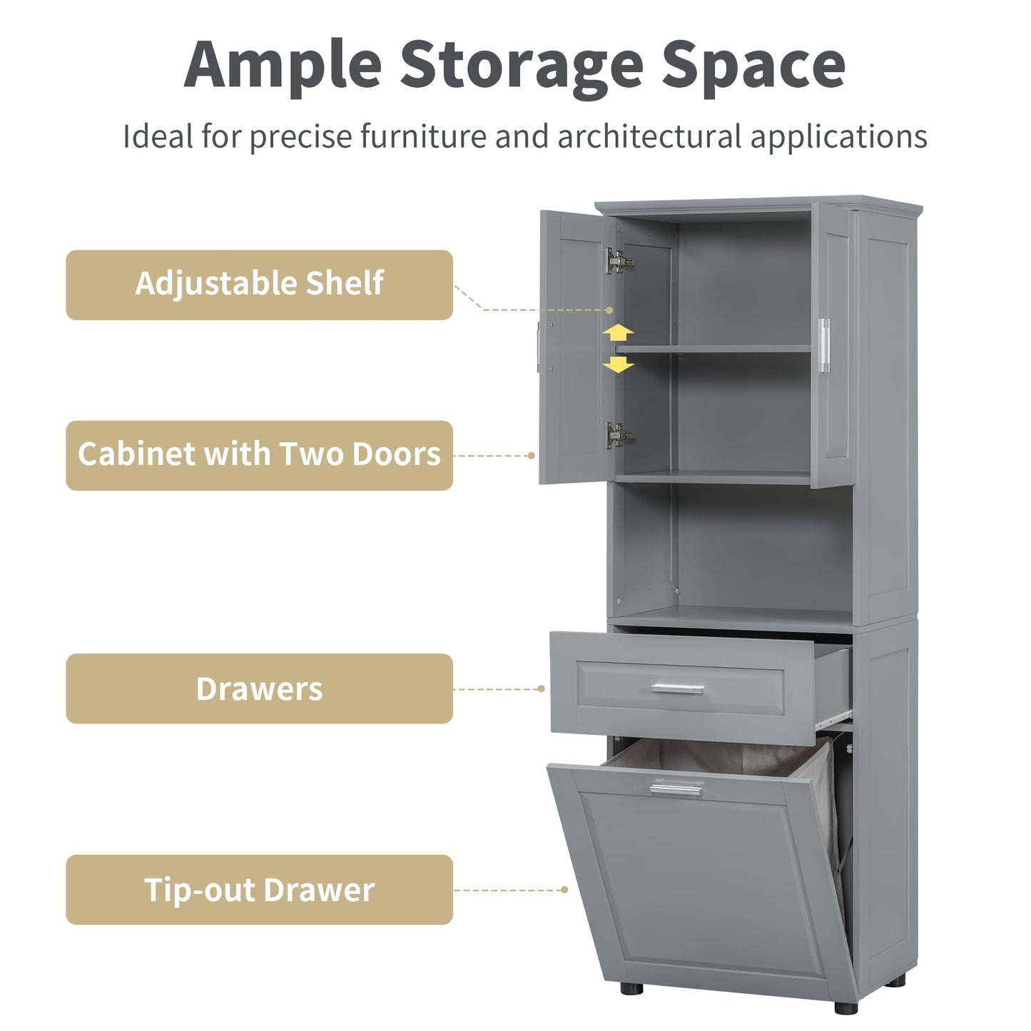 Virubi Tall Laundry Cabinet with Tilt Out Laundry Hamper and Drawer, Modern Wood Bathroom Storage Cabinet with Doors and Adjustable Shelves, Freestanding, Grey