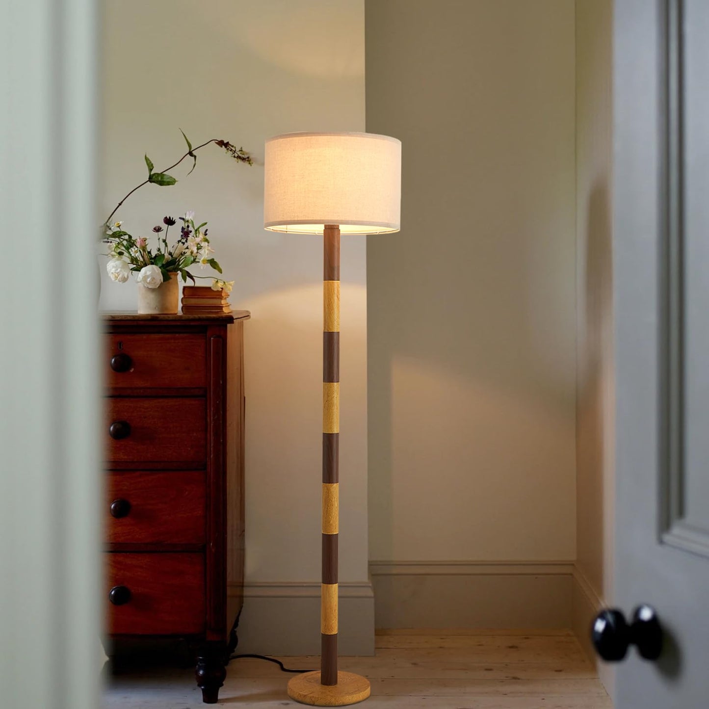 CozyCanyon 65" Wood Pattern Floor Lamp for Living Room, Dimmable Standing Lamp with Remote and Foot Switch, Rustic Tall Floor Lamp Linen Shade for Bedroom, Corner, Living Room, Home Decor.