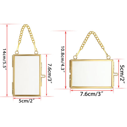 JUXYES 8 Pack Mini Brass Floating Frames Ornaments With Hanging Chain - Double Glass Tiny Picture Display Frame - Gold Wallet Size Floater Style Gallery Wall Frame for Pressed Flowers, 2x3 Inches