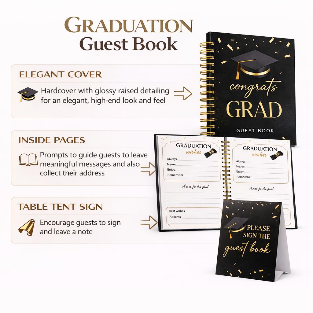 Paper 'n Such Black and Gold Graduation Guest Book, Hardcover Spiral Book with Confetti Design - Grad Party Supplies Favors