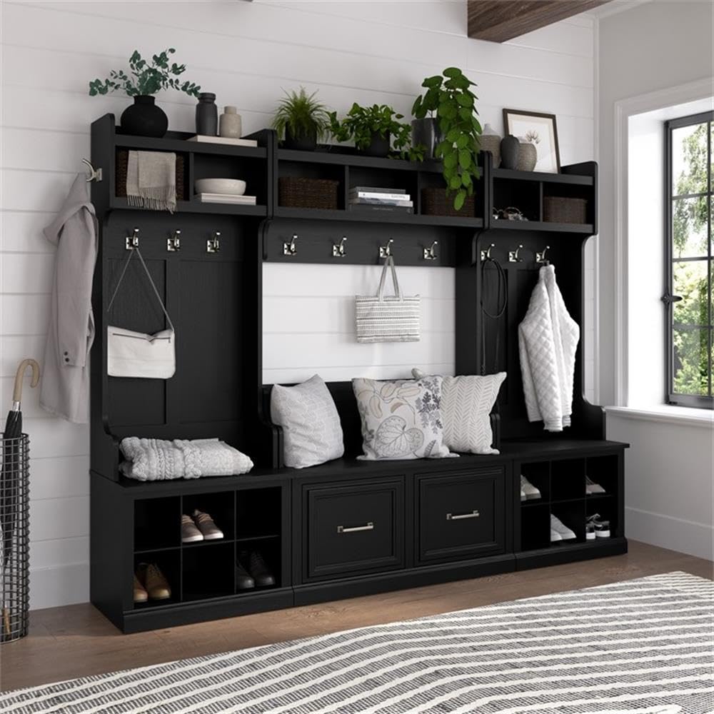 BOWERY HILL 24" Engineered Wood Hall Tree & Shoe Bench, Black Oak Finish, 69" Entryway Organizer w/Drawer, Coat Hooks, Open Cubbies, Transitional Style Storage Seat for Foyer or Mudroom Use