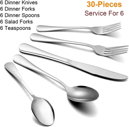 Wildone 30-Piece Silverware Flatware Cutlery Set, Stainless Steel Tableware Utensils Service for 6, Includes Dinner