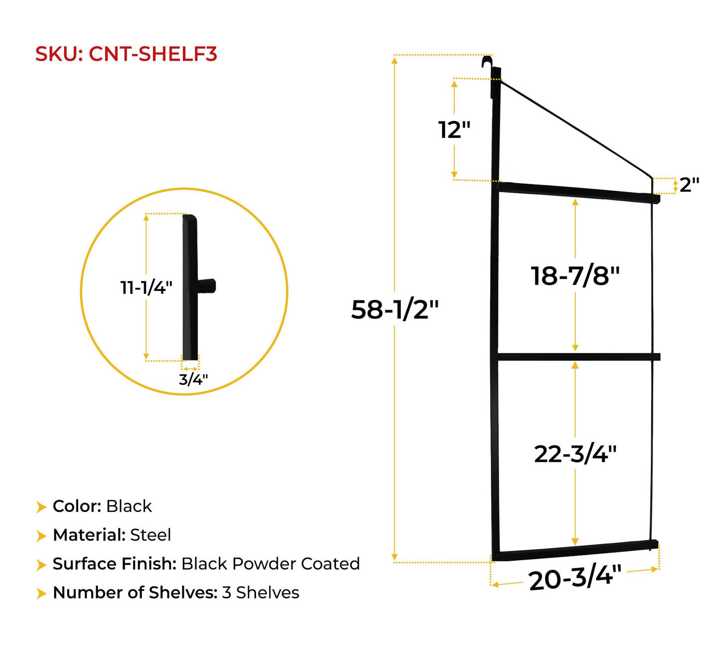 Mytee Products 4 Pack of 3 Tier Shipping Container Shelving Bracket with 18"(D) x 60"(H) - Black Powder Coated Steel Shelf Brackets for Heavy Duty Trailer Containers - Easy to Assemble & Remove