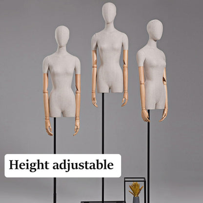 CZCZC Countertop Premium Mannequin with Metal Stand,Linen Female Mannequin,Adjustable Dress Mannequin,Flexible Form Mannequin Torso Wooden Arm Display