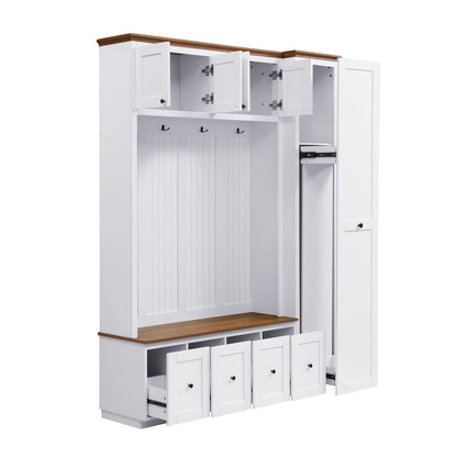 Merax 78.7''H Hall Tree with Storage Bench, Modern Entryway Bench with Coat Rack, 5-in-1 Hall Tree with Cabinets, Drawers & Hooks for Hallway, Entryway, Living Room, Mudroom, White