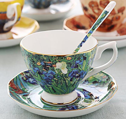 YBK Tech Bone China Cup and Saucer Set - 7oz Tea Cup Inspired by Van Gogh's Paintings (Iris Flower Design)