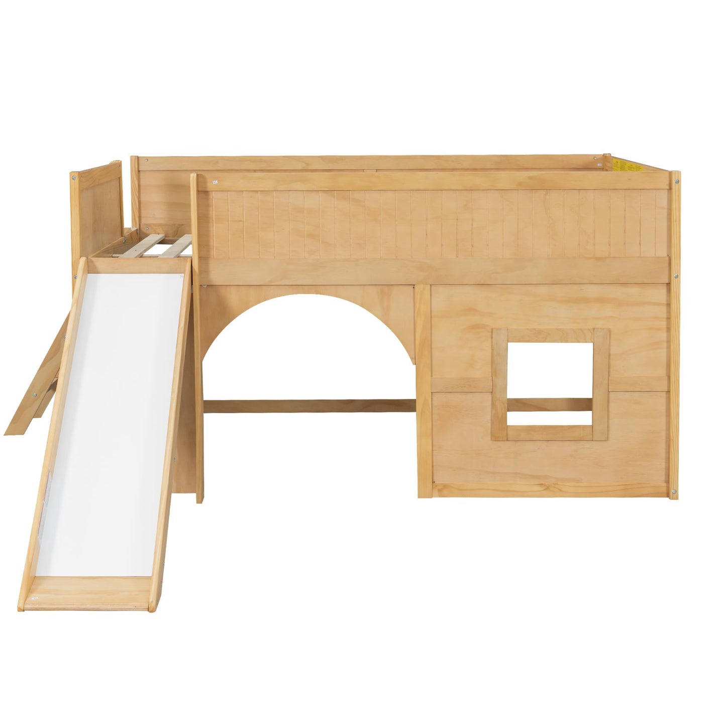 Merax Full Size Loft Bed with Slide & Stairs, Low Loft Bed for Kids, Solid Wood Bed Frame with Storage Shelve, Guard Rails, Slat Support & Under-Bed Play Space, No Box Spring Needed, Natural