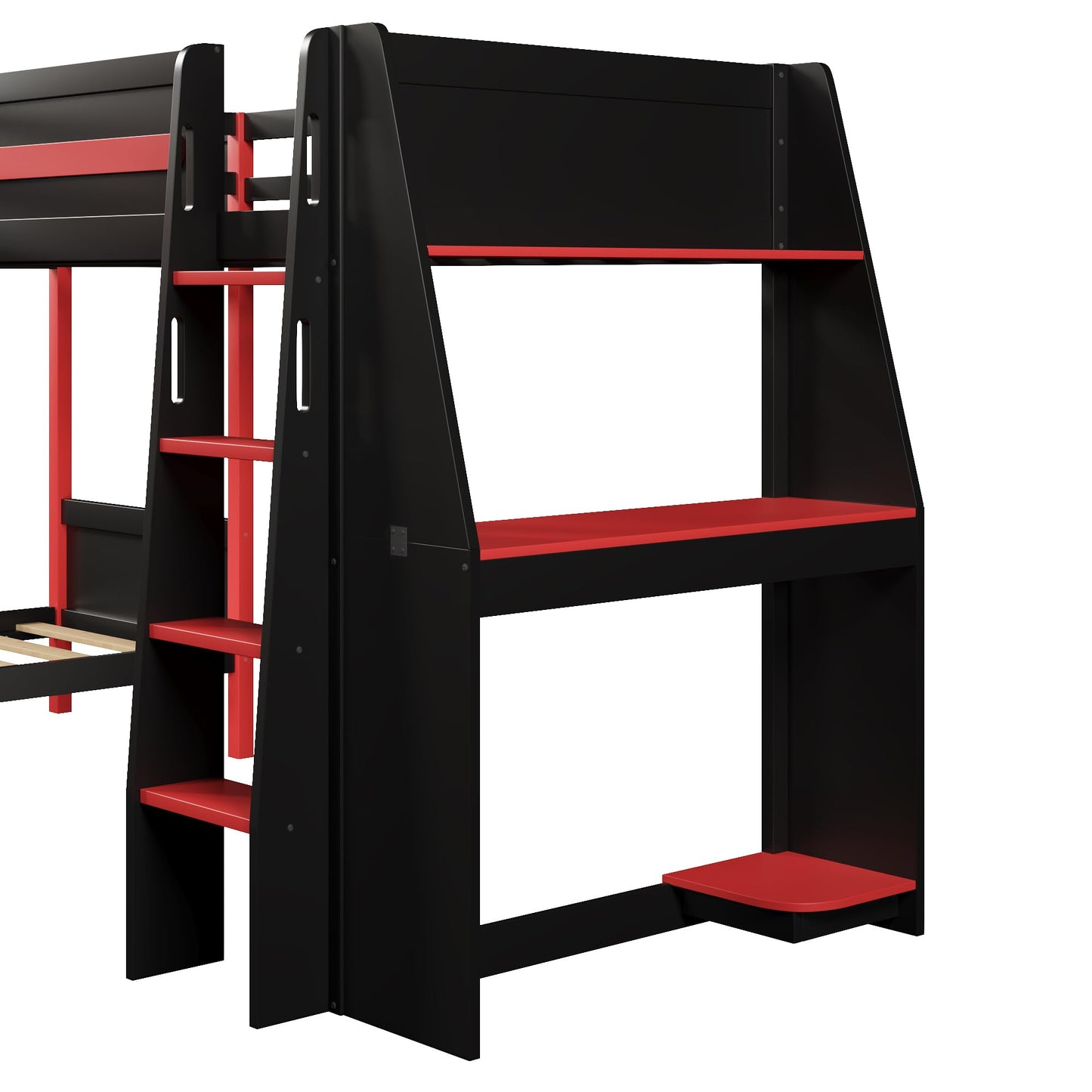 Merax L-Shaped Twin Size Triple Bunk Bed for 3 People, Wood Gaming Loft Bed with Built-in Desk, Shelves, Lights and Full-Length Guardrails, Black+Red