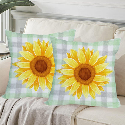 2 Pack Waterproof Sunflower Pillow Covers, 16x16 Inch Green Buffalo Plaid Yellow Floral Throw Cases for Outdoor Decor