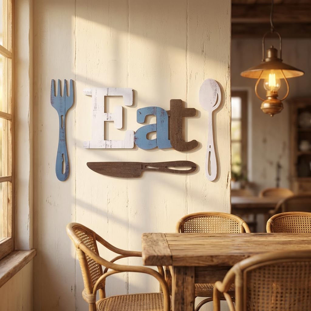 Benlarky Wooden Eat Sign for Kitchen Wall Decor, 4 Pcs Rustic Farmhouse Wall Art with Detailed Spoon Knife Fork, Large Wood Letters Decor for Dining Room, Home Restaurant Kitchen Decor Housewarming Gift