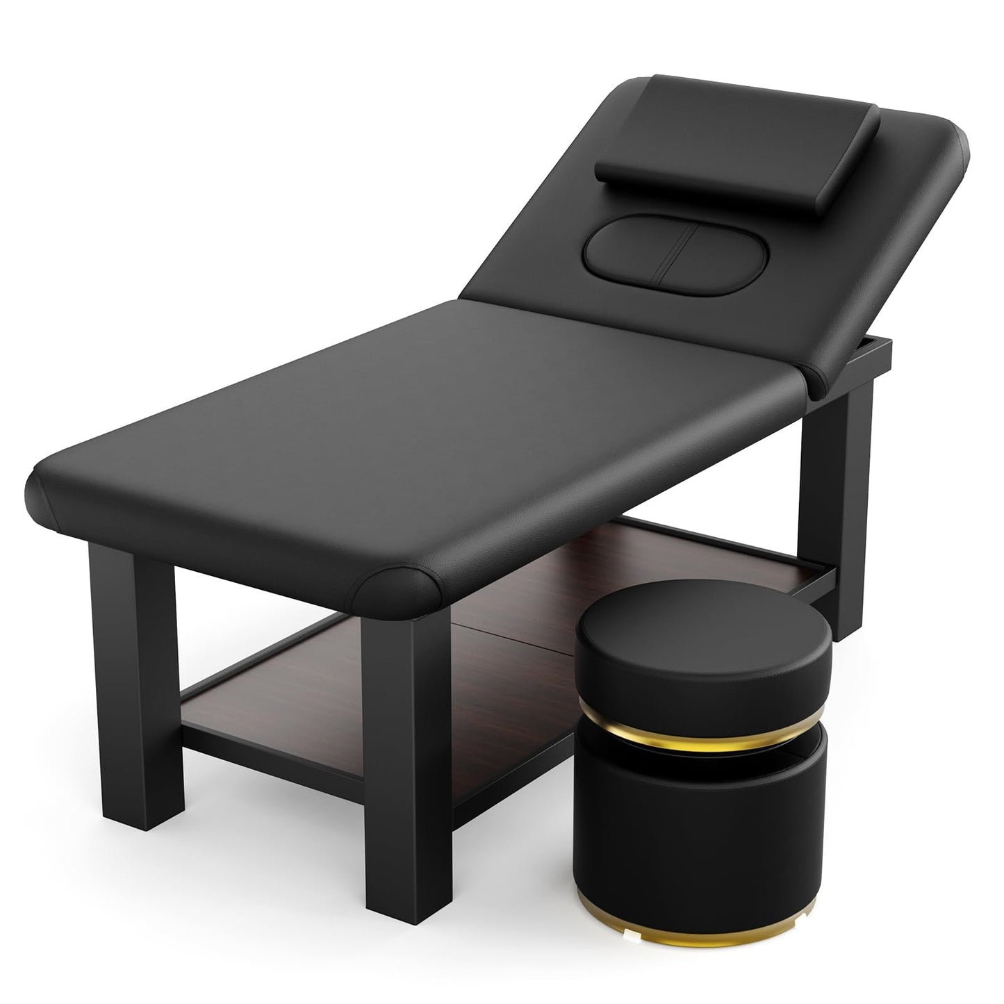Ufurpie Adjustable Backrest Massage Table and Round Swivel Ottoman, Professional Massage Set, Heavy-Duty Spa Bed, 360° Adjustable Height Makeup Vanity Stool, for Salon Facial Physical Therapy, Black
