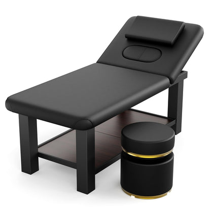 Ufurpie Adjustable Backrest Massage Table and Round Swivel Ottoman, Professional Massage Set, Heavy-Duty Spa Bed, 360° Adjustable Height Makeup Vanity Stool, for Salon Facial Physical Therapy, Black