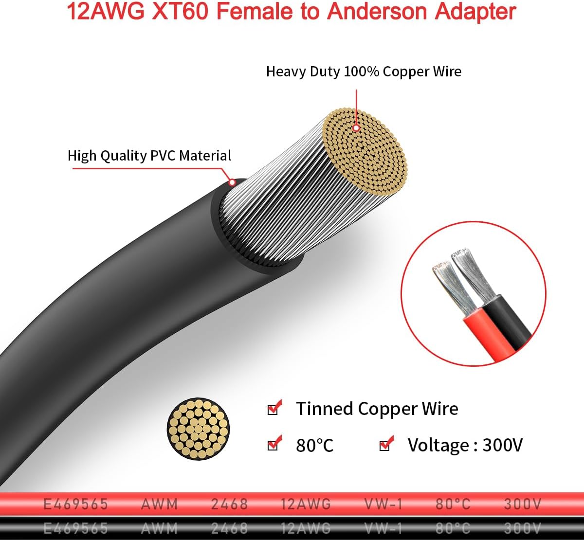 XT60 to Anderson Adapter, 12AWG XT60 Female to Anderson Connector Cable for RC Battery, Solar Power Station