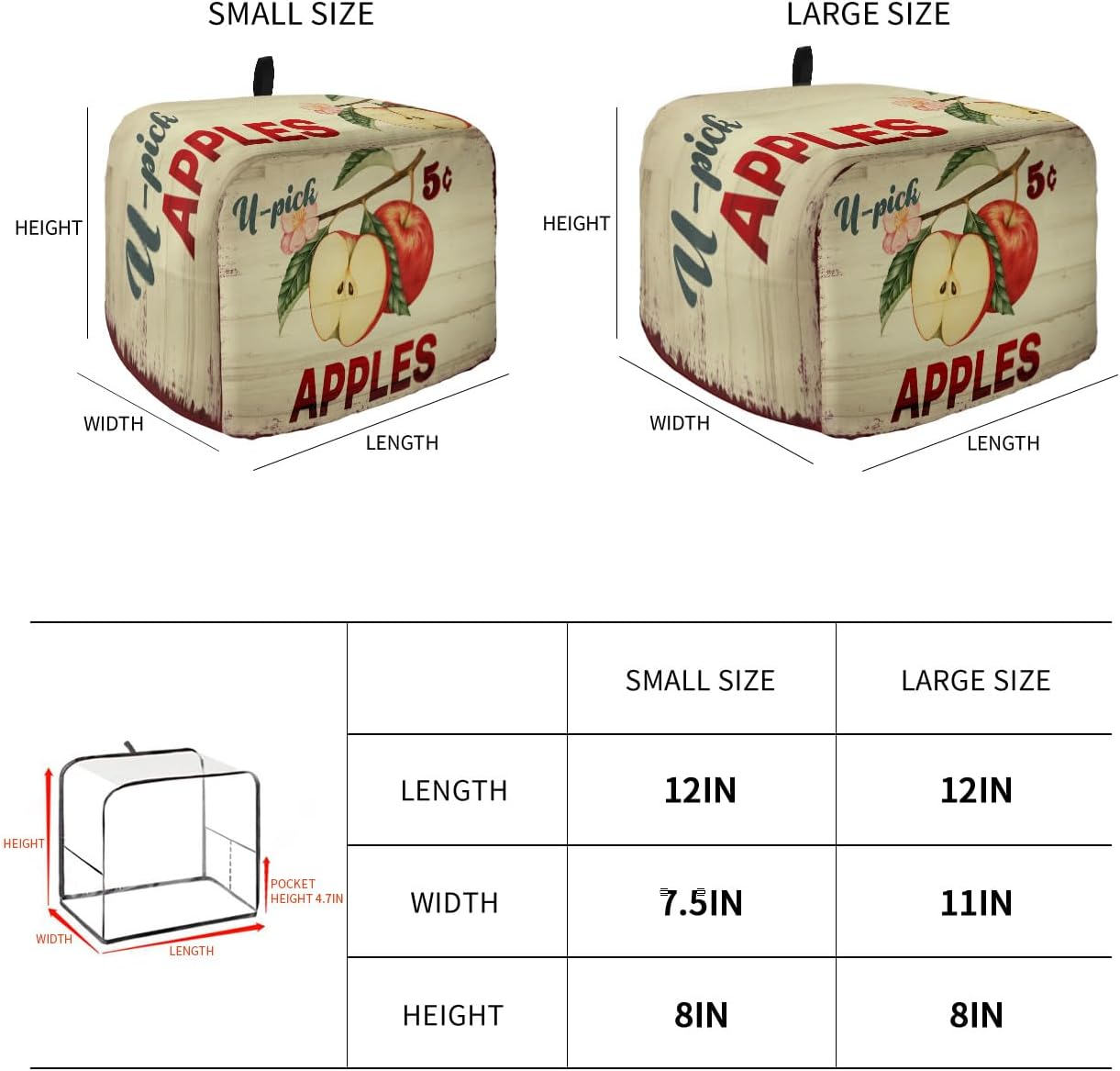 Toaster Cover, Tasty Apples 5 Cents Vintage Country Style 4 Slice, Soft Washable Dust-proof Cover with Pockets for