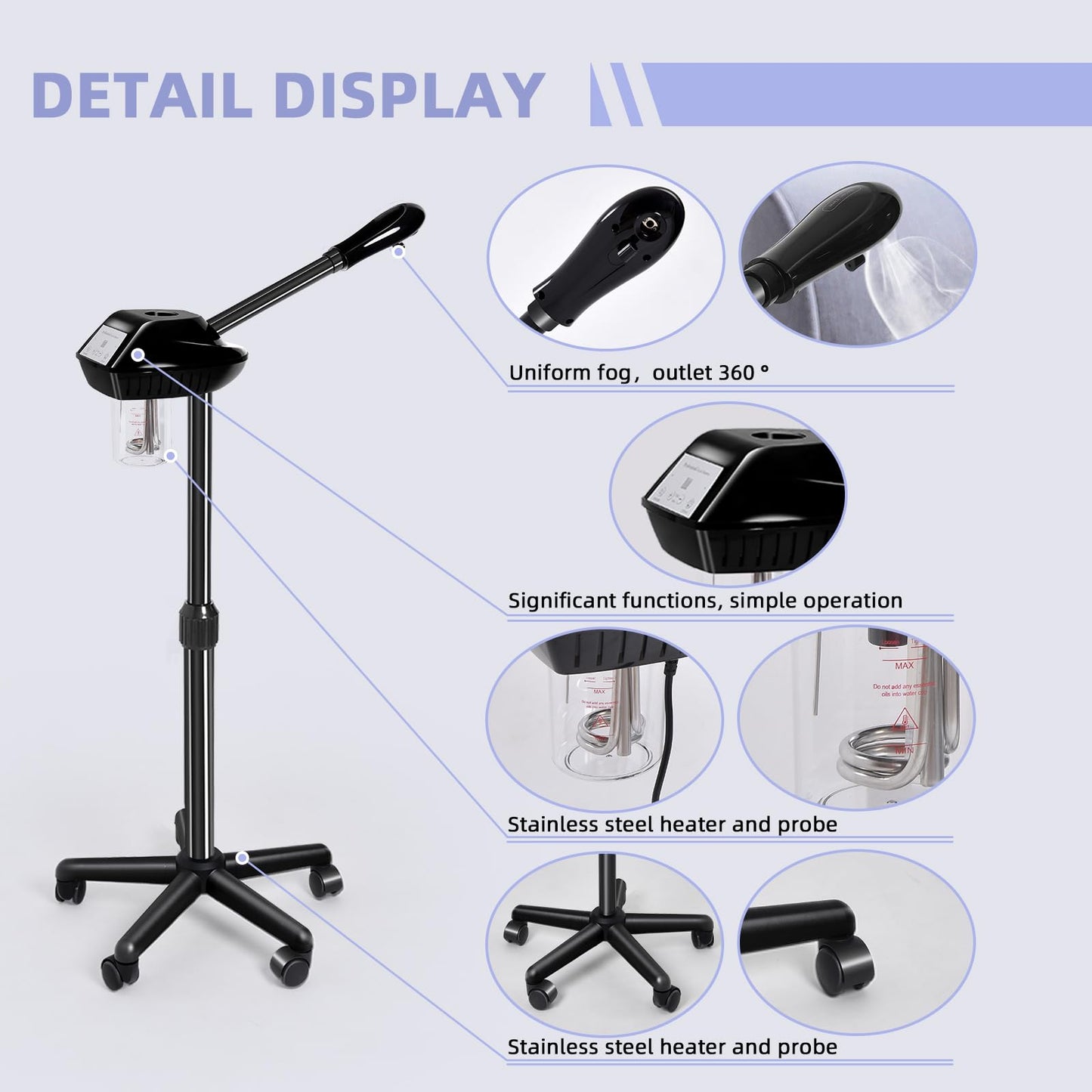 Facial Steamer, Face Steamer on on Wheels with More Steam, Adjustable Height for Face Steamer Suitable for Personal Home and Professional Personal Care Places，Moisturizing and Hydrating.