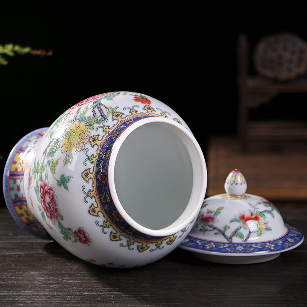 Ceramic Jar with Lid for Home Decor Traditional Chinese Flowers and Birdstemple Handcrafted Porcelain Vase