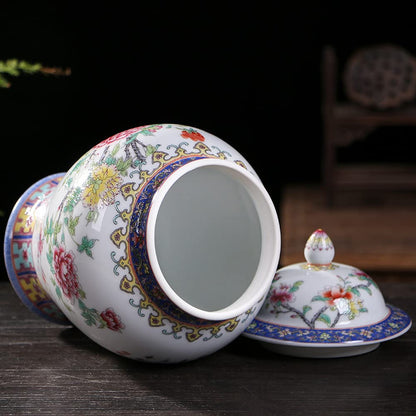 Ceramic Jar with Lid for Home Decor Traditional Chinese Flowers and Birdstemple Handcrafted Porcelain Vase (a) (a One Size)