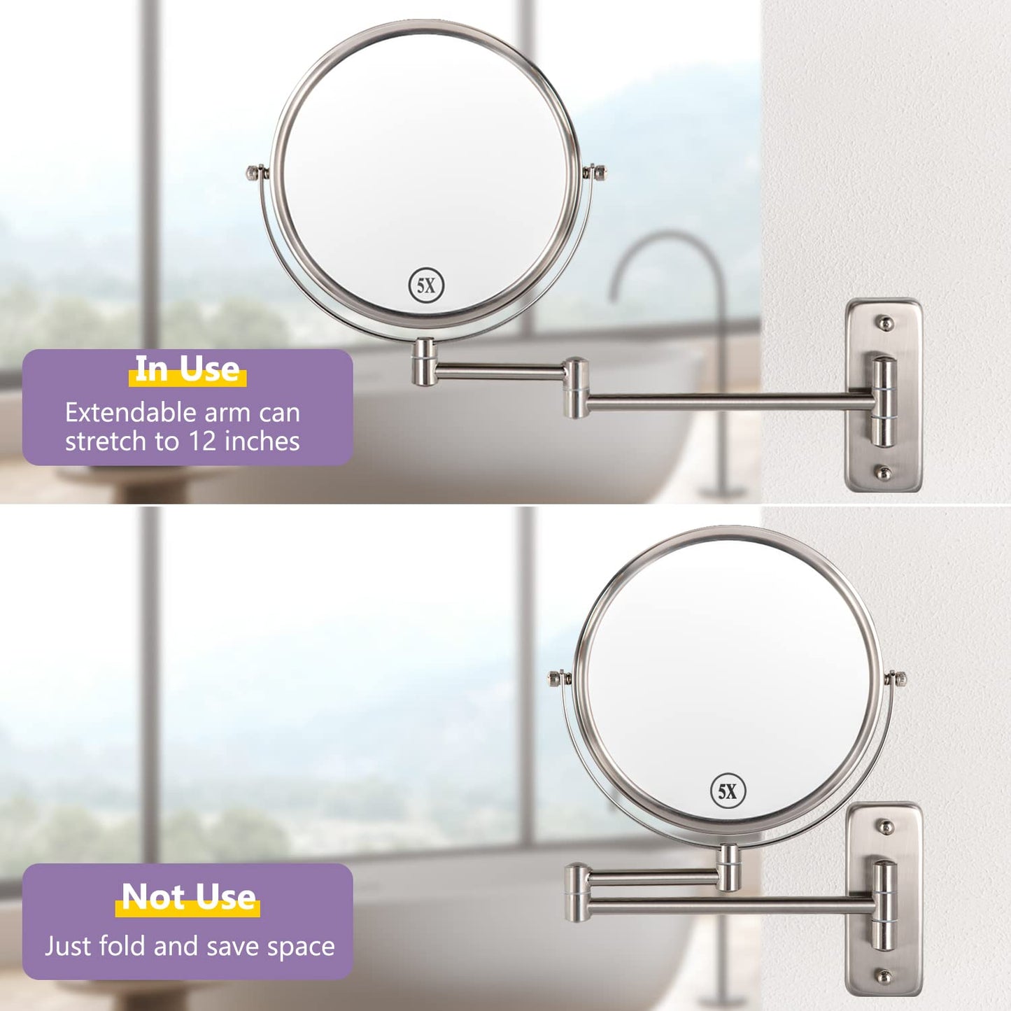 ALHAKIN 9" Wall Mounted Lighted Makeup Mirror, Large Rechargeable 1X/10X Magnifying Mirror with 3 Color Lights Dimmable, 360° Rotation, Nickel